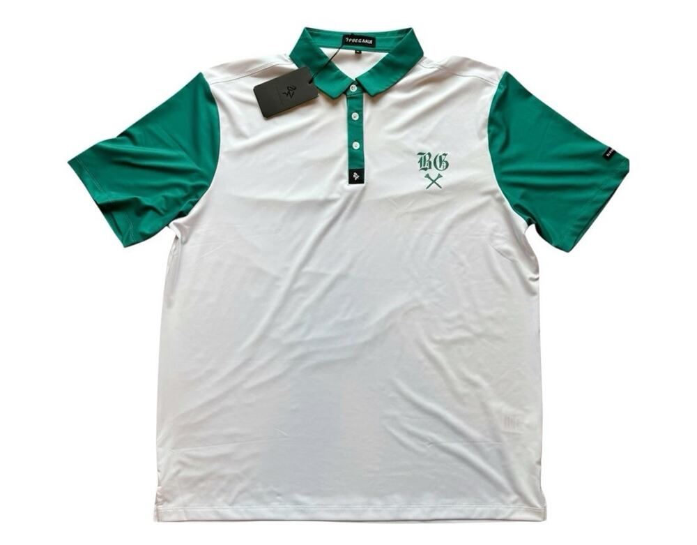 BYRDGANG Men's White/Green Colorblock Polo Shirt Logo Short Sleeve XL